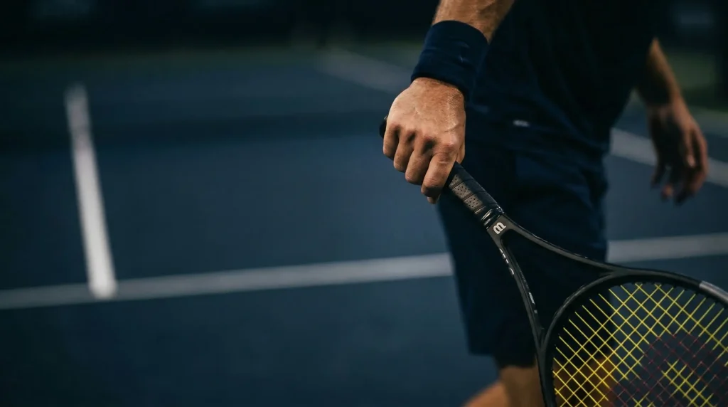 tennis player holding Wilson racquet on dark blue court
